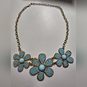 Blue and Gold Floral Flower Beaded  Short Necklace